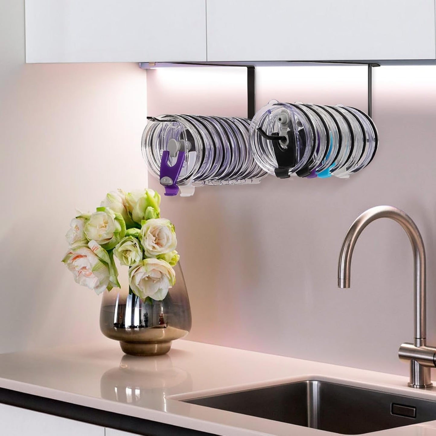 Tumbler Lid Organizer, Horizontal Tumbler Lid Storage Hook Up to 10 Lids, Space Saving Cup Lid Holders Under Cabinet Tumbler Lid Hook for Kitchen Organizer and Storage,Hanging Paper Towel Rack Hanger