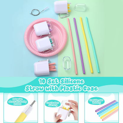 Mumufy 10 Set Silicone Travel Straws with Case Reusable Straws Foldable Drinking Straw Collapsible Portable Straw Set for Party Cold or Hot Straw with 10 Carry Cases 10 Cleaning Brushes 10.2 Inch Long