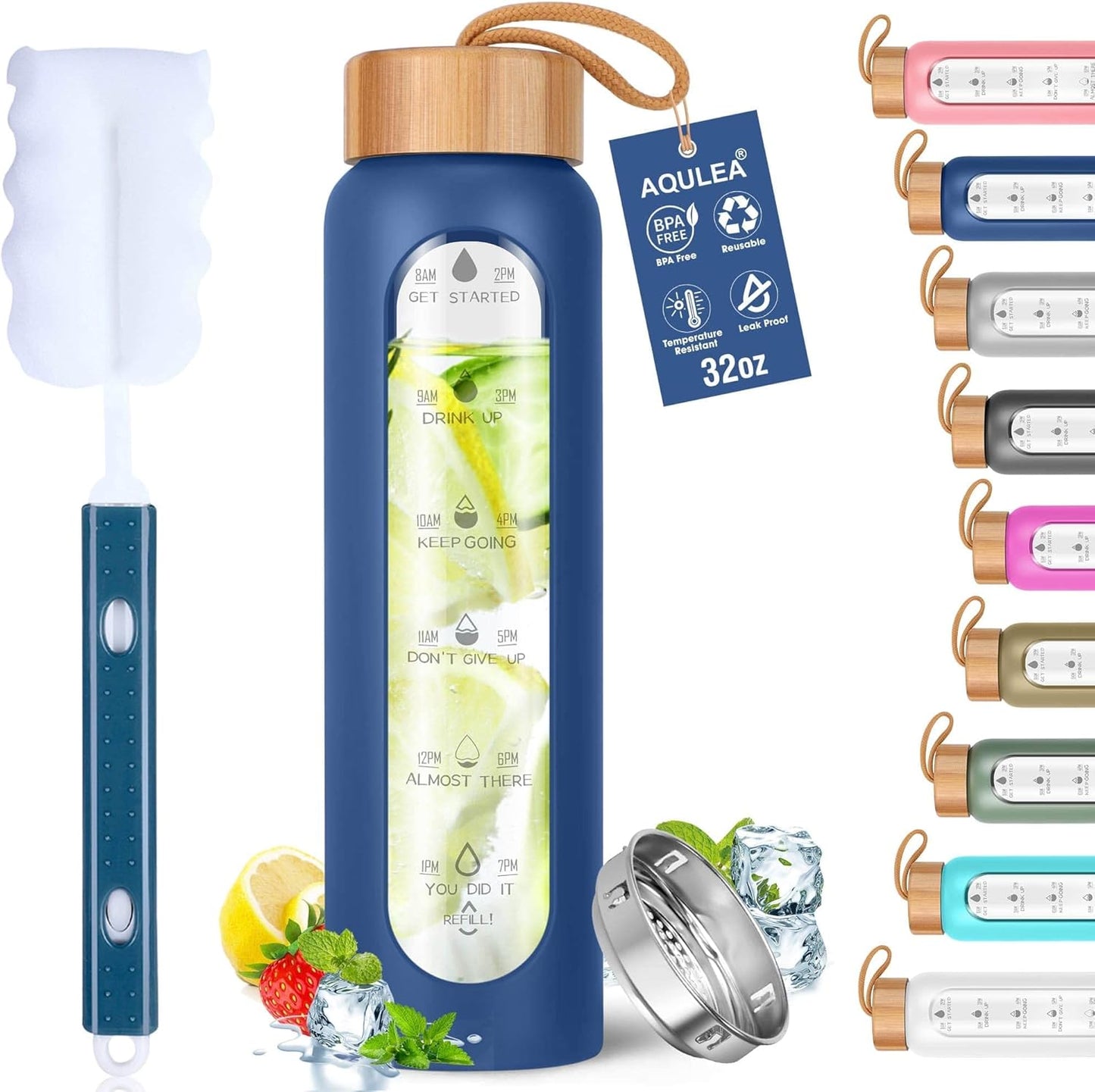 Aqulea Glass Water Bottles 25 Oz with Silicone Sleeve - BPA Free Reusable Wide Mouth Glass Motivational Water Bottles with Fruit Infuser – Leak Proof Borosilicate Water Bottle with Time Marker (White)