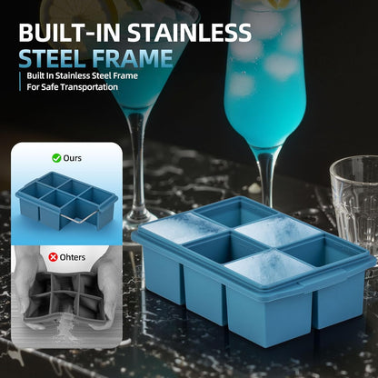 Large Ice Cube Trays for Whiskey (2 Pack) - Silicone Ice Cube Molds with Steel Frame Reinforcement & Lid, 2-Inch Square Ice Cubes for Whisky, Cocktails, Coffee, Tea - Easy Release
