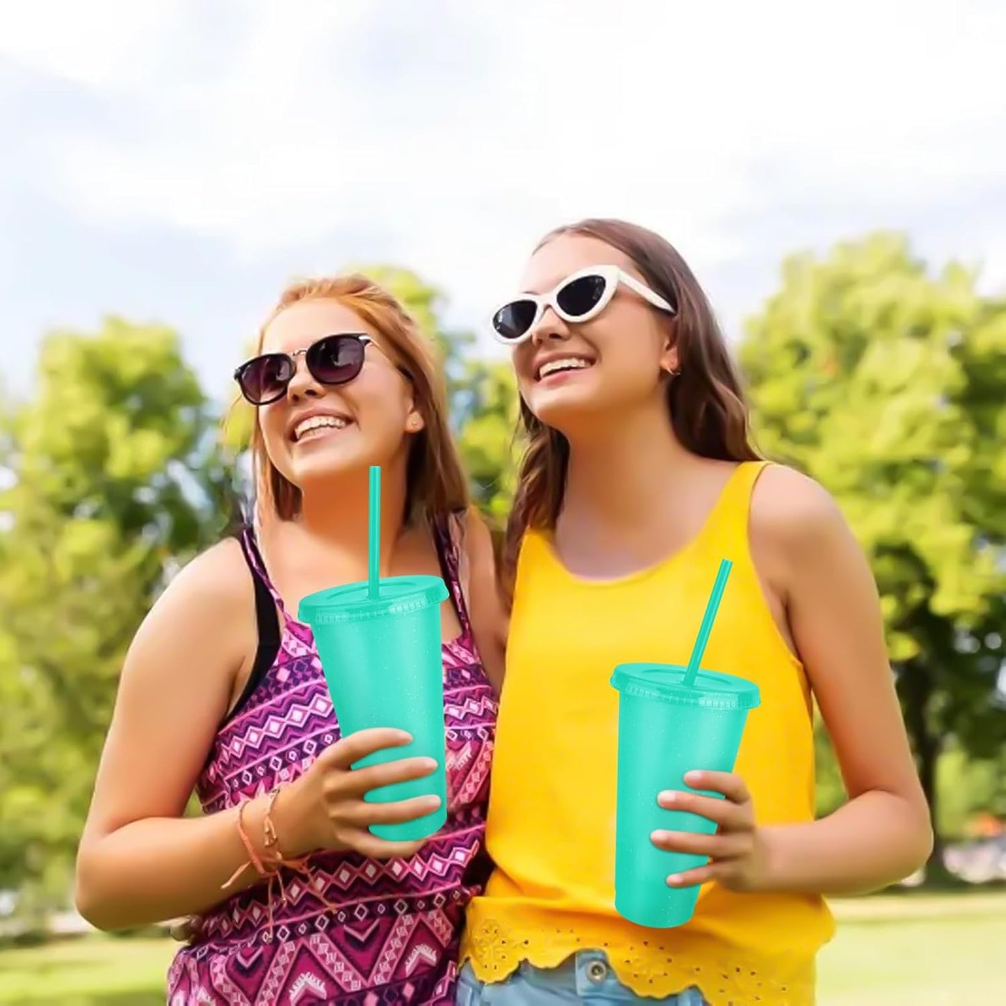 Hxezoc 16-Piece Reusable Cups with Lids and Straws, 24 oz Glitter Plastic Tumbler Iced Coffee Cups Travel Mug Cup for Smoothie Juices Beach or Bachelor Party (Black)
