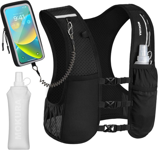 MOKURA Running Vest for Women Men, Lightweight Hydration Vest with 500ML Soft Flask & Phone Holder, Reflective Running Backpack, Adjustable Run Pack Water Bottle, Runner Marathon Essentials