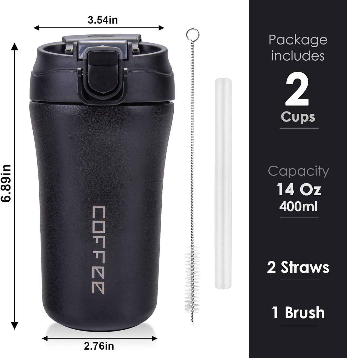 14 oz Travel Coffee Mug, 2 Pack Vacuum Insulated Coffee Travel Mug Spill Proof with Lid and Straw, Stainless Steel Reusable Coffee Tumbler for Hot and Cold Drinks, Gift for Men and Women(Black Grey)