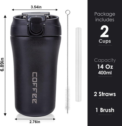 14 oz Travel Coffee Mug, 2 Pack Vacuum Insulated Coffee Travel Mug Spill Proof with Lid and Straw, Stainless Steel Reusable Coffee Tumbler for Hot and Cold Drinks, Gift for Men and Women(Black Grey)