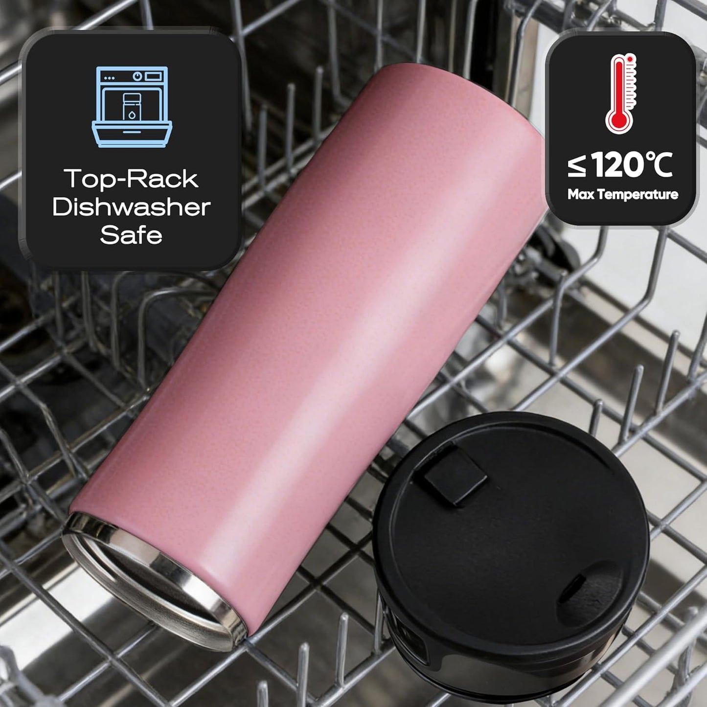 17 oz / 500 ml Travel Coffee Mug, One-Handed Pink Insulated Coffee Tumbler with Lid, Leak Proof Stainless Steel Coffee Cup, Reusable Water Bottle for Office, Car, Travel, Hot Coffee and Cold Drinks