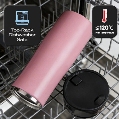 17 oz / 500 ml Travel Coffee Mug, One-Handed Pink Insulated Coffee Tumbler with Lid, Leak Proof Stainless Steel Coffee Cup, Reusable Water Bottle for Office, Car, Travel, Hot Coffee and Cold Drinks