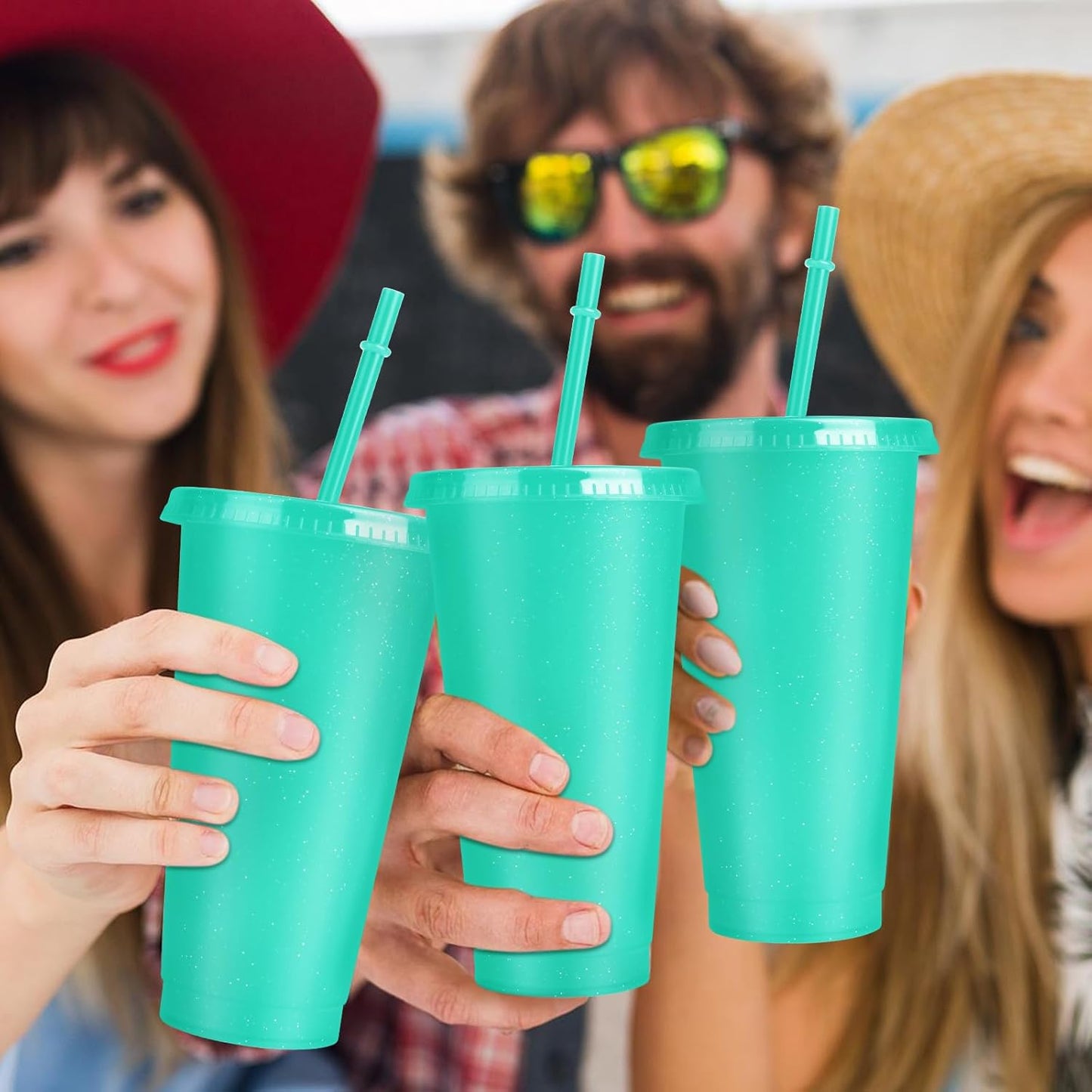 Hxezoc 16-Piece Reusable Cups with Lids and Straws, 24 oz Glitter Plastic Tumbler Iced Coffee Cups Travel Mug Cup for Smoothie Juices Beach or Bachelor Party (Black)