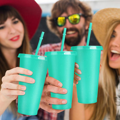 Hxezoc 16-Piece Reusable Cups with Lids and Straws, 24 oz Glitter Plastic Tumbler Iced Coffee Cups Travel Mug Cup for Smoothie Juices Beach or Bachelor Party (Black)