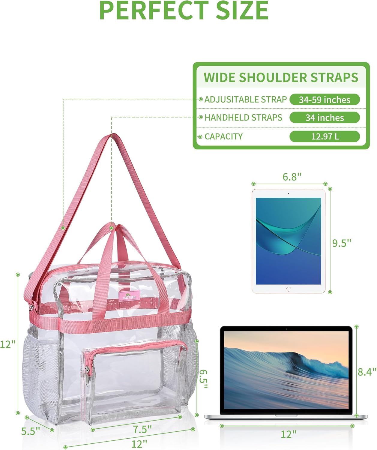 MAY TREE Clear Bag for Stadium Events, 12×5.5×12 Clear Tote Lunch Bag with Non-detachable Reinforced Straps for Work, Sporting Events and Gym, Black