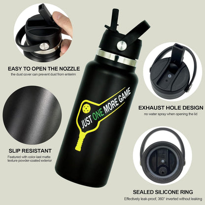 Pickleball Water Bottle 32 oz, Gifts for Pickleball Lovers, Wide Mouth Vacuum Insulated Sports Bottle with 2 Leakproof Lids, Stainless Steel Cup with Straw for Cold Drinks