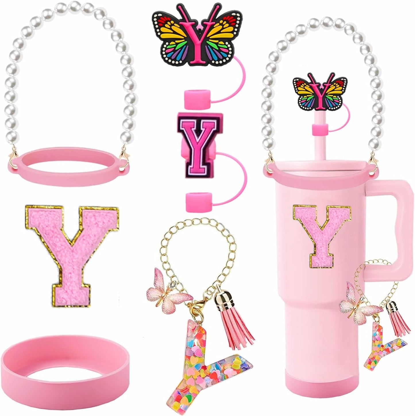 7pcs Cup Accessories for Stanley 30/40oz Tumbler, Handle Strap, Straw Cover, Silicone Boot, Letter Charm Stickers