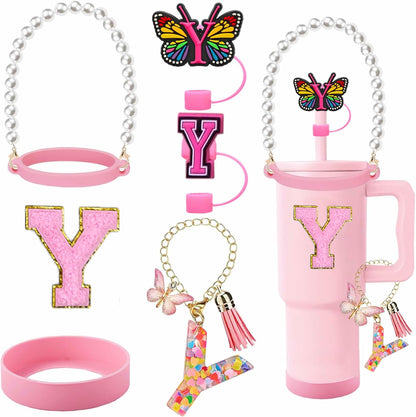 7pcs Cup Accessories for Stanley 30/40oz Tumbler, Handle Strap, Straw Cover, Silicone Boot, Letter Charm Stickers