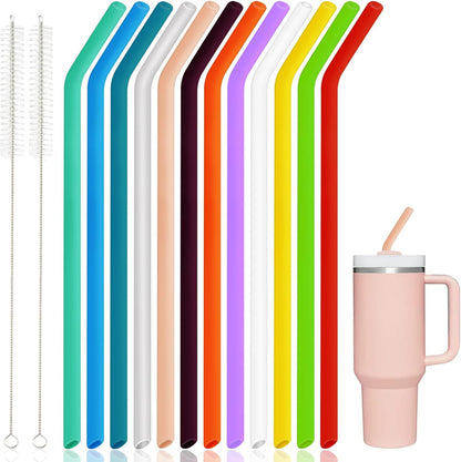 8 Pack Replacement Straws for Stanley Cup 40 Oz 30oz Tumbler, 12 Inch Long 0.4" Wide Reusable Silicone Straw For Yeti/Simple Modern With 1 Cleaning Brush - 8 Colorful Bent