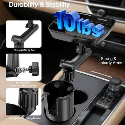 Car Cup Holder Tray, Cup Holder Expander 20.5" Height Adjustable Arm Car Food Tray Table for Eating with Phone Holder Road Trip Essential fit Most Bottles
