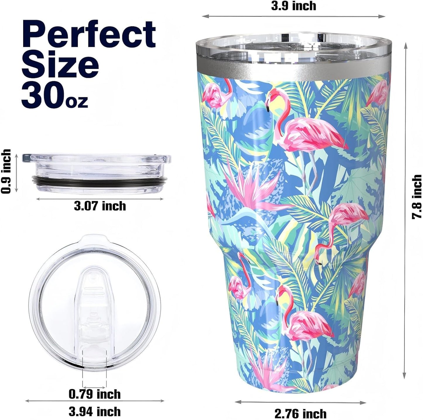 30oz Insulated Tumblers with Lids and Straws, Double wall Stainless Steel Tumbler with straw, Reusable Spill Proof Tumbler, Perfect for Iced Coffee, Tea & More- Flamingo