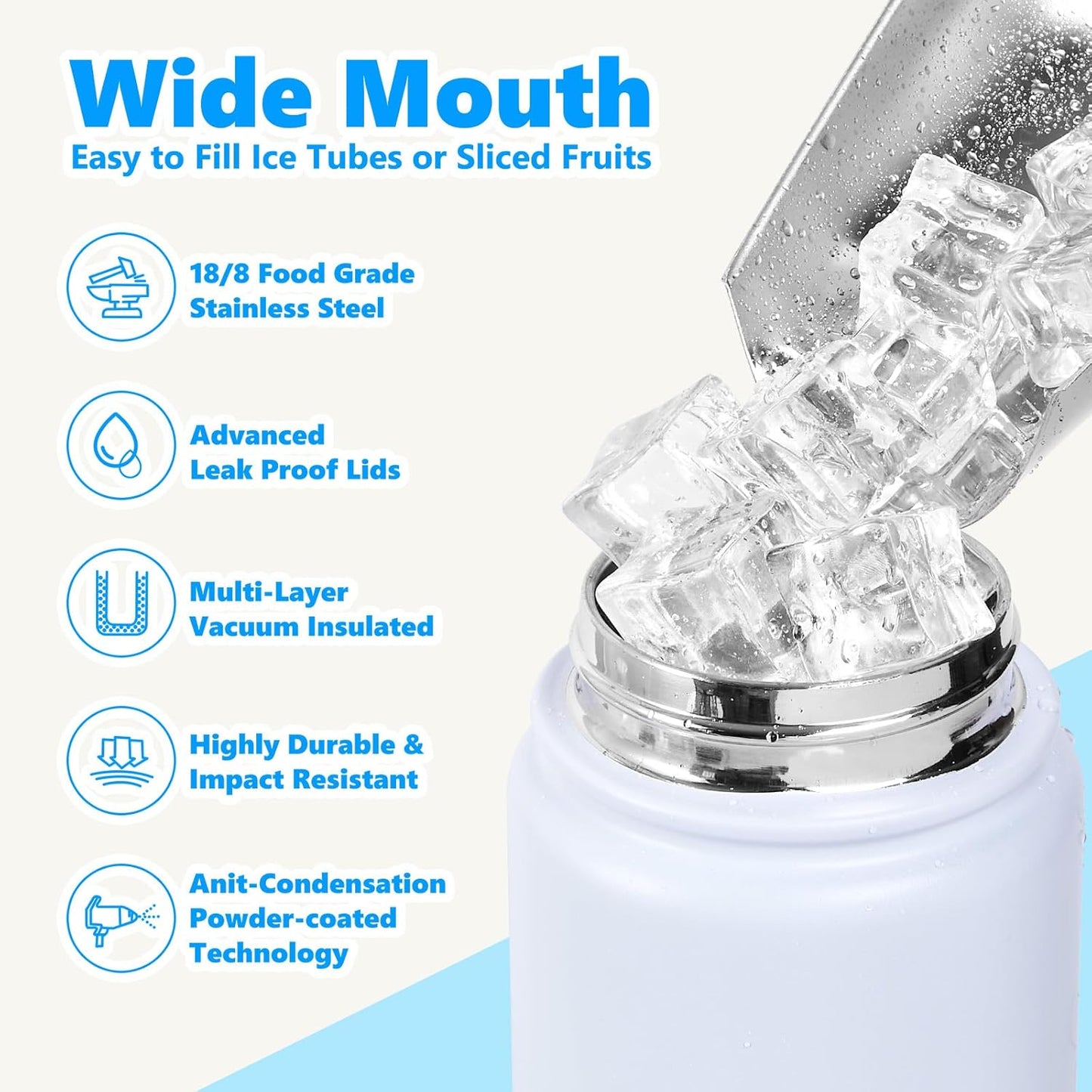 Insulated Water Bottle with Lid & Boot & Stickers, 24 oz Stainless Steel Sweat Free Bottle Keep Cold 24H, BPA-Free Sports Wide Mouth Water Bottle, BlueBlack