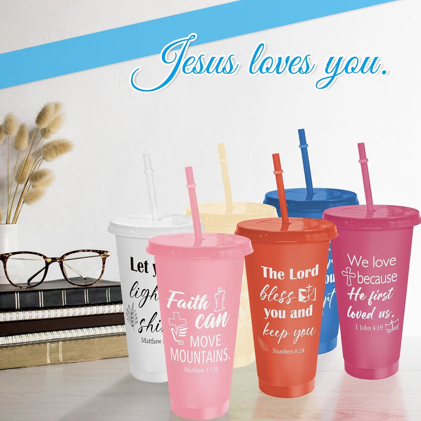 Cinrobiye 24 Pcs Jesus Loves You Tumblers Bulk, 24 oz Christian Plastic Cups with Lids and Straws, Reusable Religious Gift Cups for VBS, Sunday School, Church Events, Bible Study Party Favors