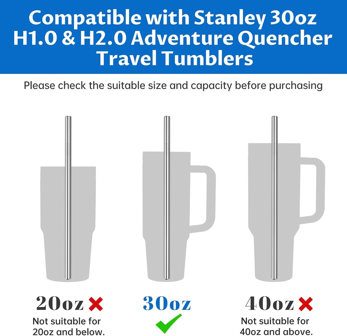 Tomorotec 8PCS 12" Stainless Steel Straws 4 Bent & 4 Straight Fit for 40oz Stanley Tumblers, Reusable Food-Grade Drinking Straws with Brush for Smoothies, Milkshakes, Iced Coffee, Dishwasher Safe
