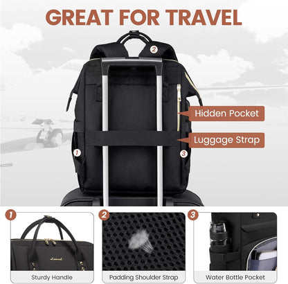 LOVEVOOK Laptop Backpack for Women with Giant Tumbler Holder Pocket,15.6 inch Waterproof Travel Backpack Purse Computer Laptop Bag,Professional Work College Nurse Teacher Backpack Casual Daypack,Black