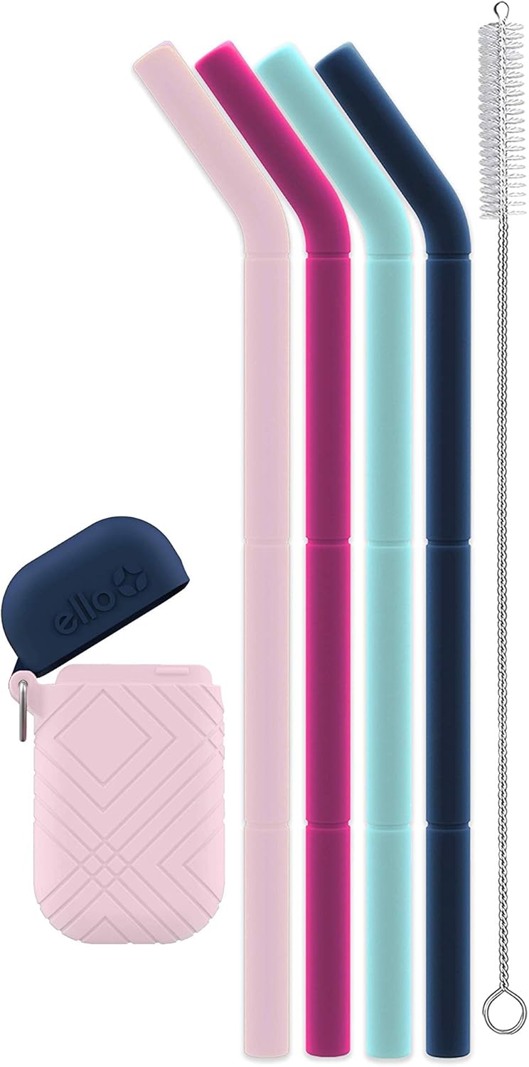 Ello Impact Pack of Reusable Silicone Straws with Fold & Store Carry Case, Portable Drinking Straw for Party Travel Cruise Ship, Includes Straw Cleaning Brush, Dishwasher Safe, BPA-Free