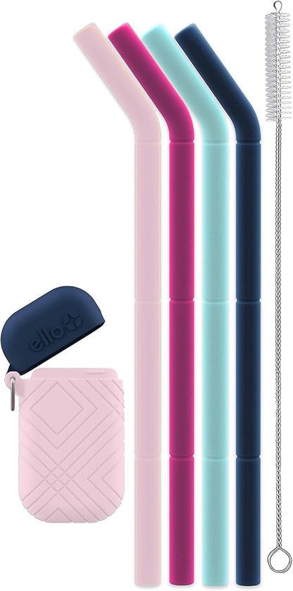 Ello Impact Pack of Reusable Silicone Straws with Fold & Store Carry Case, Portable Drinking Straw for Party Travel Cruise Ship, Includes Straw Cleaning Brush, Dishwasher Safe, BPA-Free