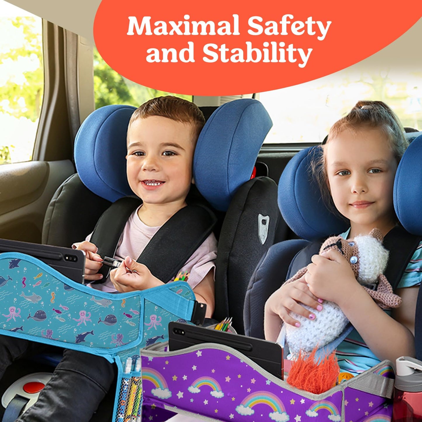 PILLANI Kids Travel Tray for Car - Car Seat Tray with Activity Sheets & Pens, Road Trip Essentials for Car & Airplane, Must Have Toddler Travel Lap Desk Accessories - Road Trip Activities for Kids