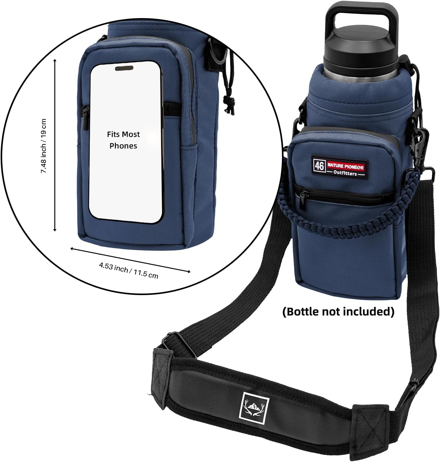 NATURE PIONEOR Water Bottle Holder with Adjustable Strap - 26/32/36/40/46/64oz Insulated Water Bottle Sling Carrier with Paracord Handle & 2 Pockets, Outdoor Sports, Hiking, Camping, Gym
