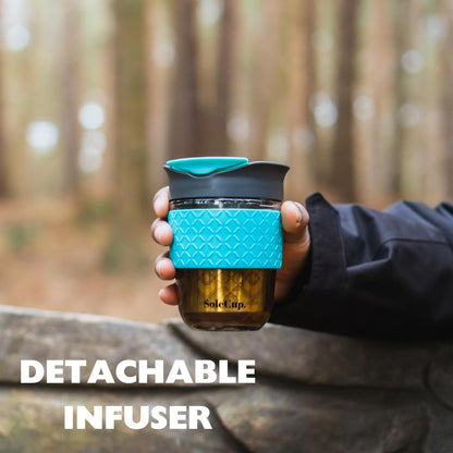 Travel Mug Loose Tea Infuser - Detachable Tea Strainer with Spillproof Lid - BPA-Free Reusable Glass Travel Coffee Cup with Silicone Band (Ice Cream, 12oz)
