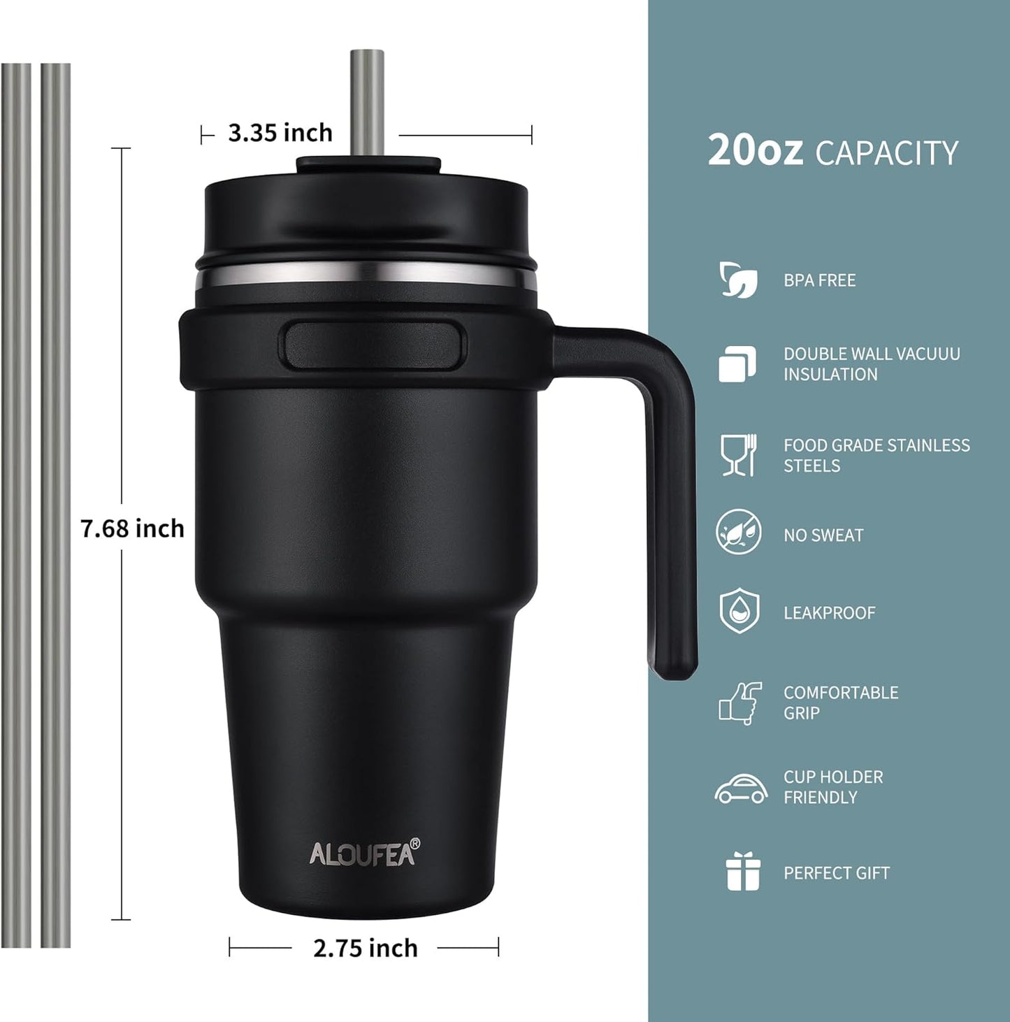 20 oz Insulated Coffee Mug Tumbler with Handle, Stainless Steel Travel Mug Tumbler with Lid and Straw,Double Wall Vacuum Leak Proof Ice Coffee Thermal Cup, Black