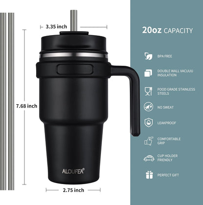 20 oz Insulated Coffee Mug Tumbler with Handle, Stainless Steel Travel Mug Tumbler with Lid and Straw,Double Wall Vacuum Leak Proof Ice Coffee Thermal Cup, Black