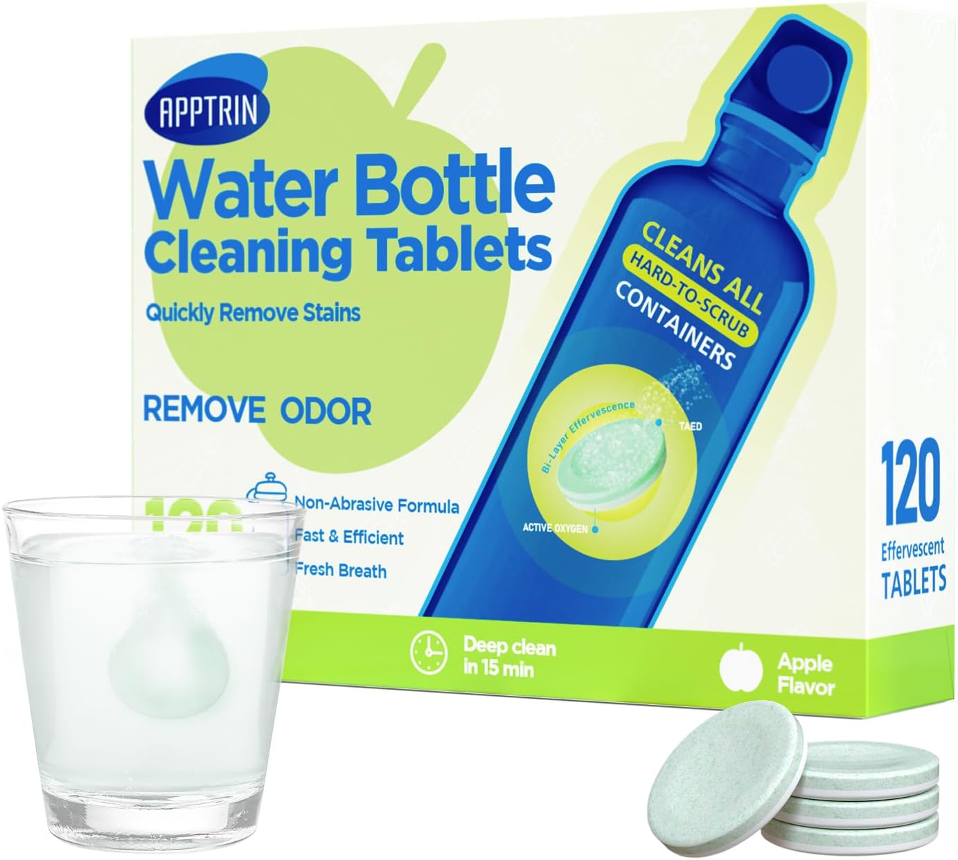 Water Bottle Cleaning Tablets, Bottle Clean Tablet for Hydration Bladders, Stainless Steel, Tumblers, and Glass Bottles, 120 count (Pack of 1), Apple
