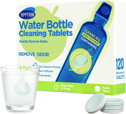 Water Bottle Cleaning Tablets, Bottle Clean Tablet for Hydration Bladders, Stainless Steel, Tumblers, and Glass Bottles, 120 count (Pack of 1), Apple