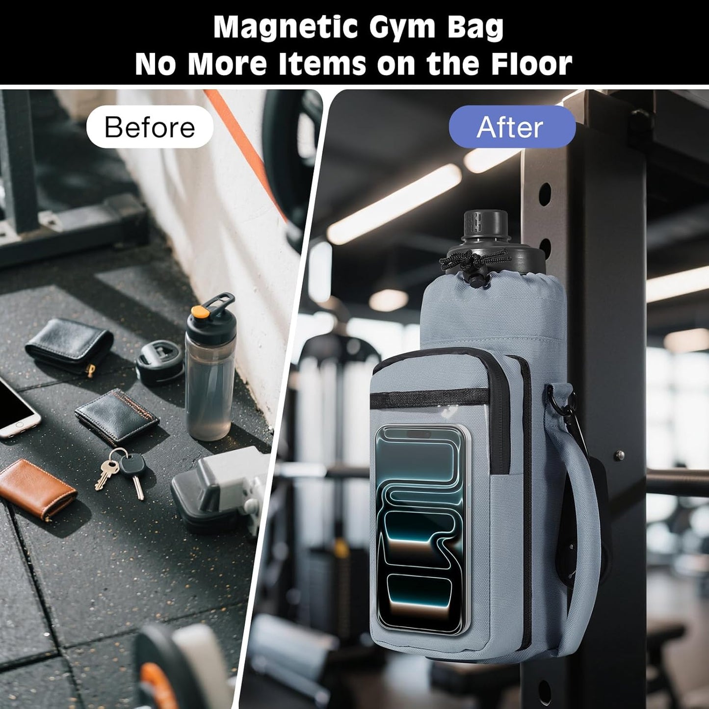 MoKo Magnetic Gym Bag, Magnetic Water Bottle Holder with Clear Phone Pouch, Built-in 4 Magnets Fitness Bag for Men and Women Compatible with Most Water Bottles, Gym Accessories Gifts, Black