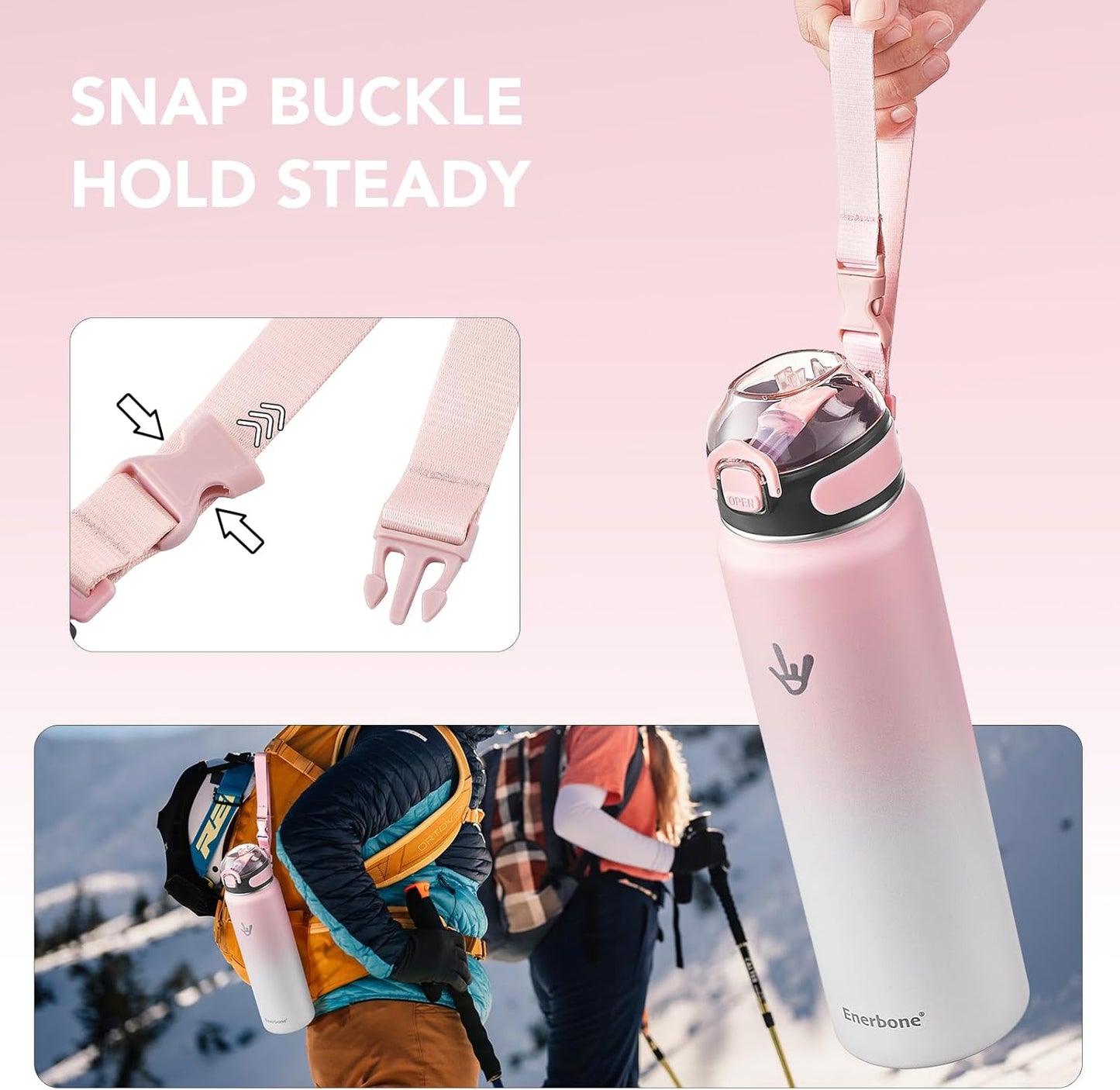 Enerbone 24 oz Insulated Water Bottle, Stainless Steel Bottle with Carrying Strap, Double-Wall Vacuum Insulation Design, Leakproof Sports Bottle with Straw, Keep Drinks Cold or Hot for Hours