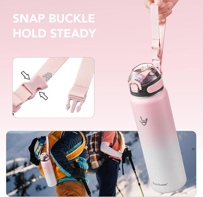 Enerbone 24 oz Insulated Water Bottle, Stainless Steel Bottle with Carrying Strap, Double-Wall Vacuum Insulation Design, Leakproof Sports Bottle with Straw, Keep Drinks Cold or Hot for Hours