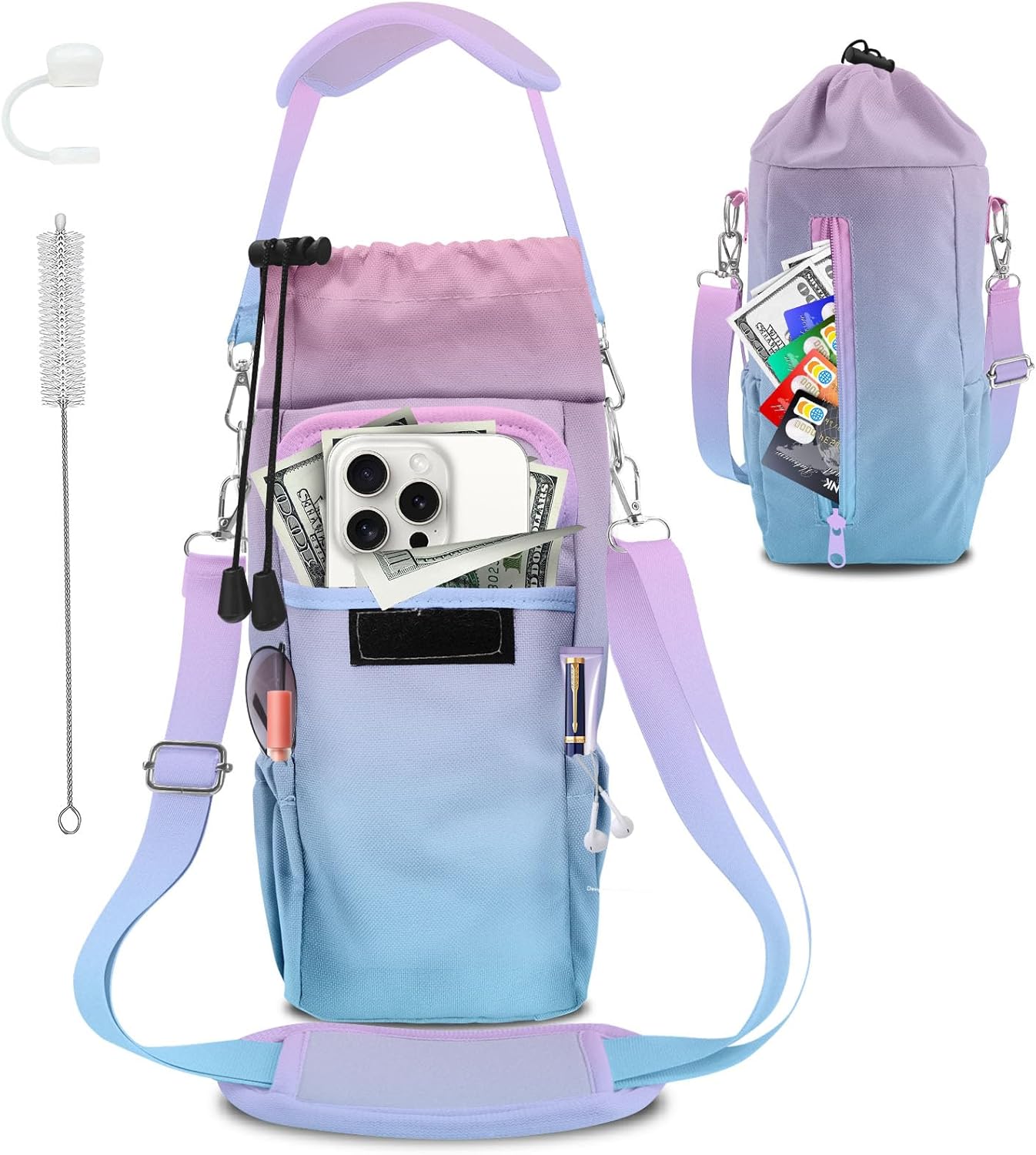 Water Bottle Carrier Bag with Phone Pocket for Stanley Cup 30/32/40 oz Tumbler with Adjustable Strap,Insulated Water Bottle Holder Pouch Crossbody Sling for Walking Travel