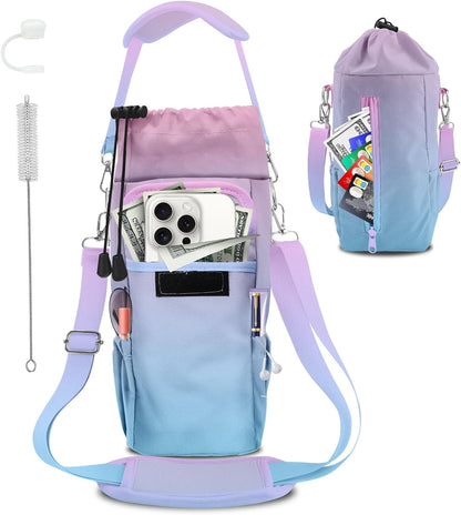 Water Bottle Carrier Bag with Phone Pocket for Stanley Cup 30/32/40 oz Tumbler with Adjustable Strap,Insulated Water Bottle Holder Pouch Crossbody Sling for Walking Travel