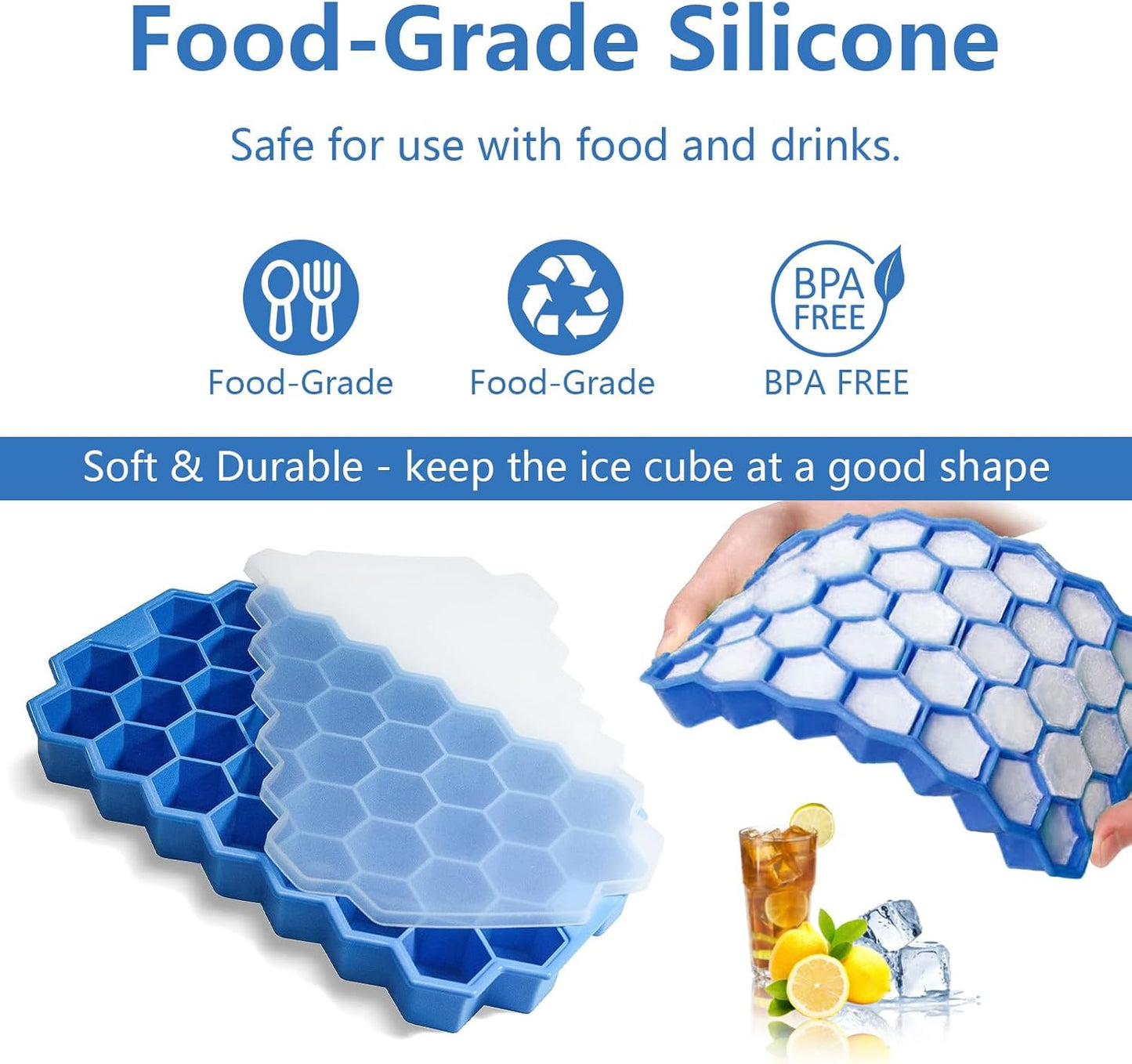 2 Pack Silicone Ice Cube Trays With Lid - 37 Grid Small Ice Cube Molds For Freezer Reusable BPA Free Easy-Release For Cocktail Whisky Iced Coffee Dishwasher Safe