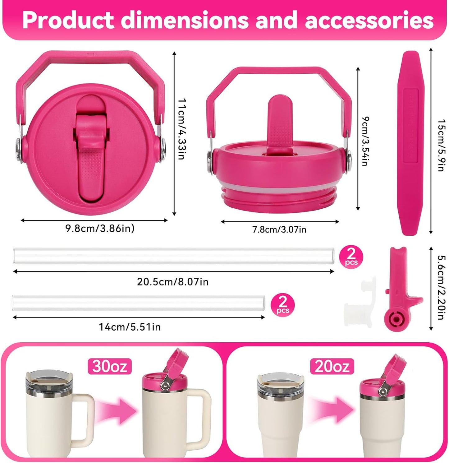 Flip Straw Lid for Stanley 30oz and 20oz, Leak Proof Top Replacement with Handle for 30&20 oz Stanley Quencher and ProTour, Detachable No Spill Lids Reusable Lids Accessories for StanleyCup, Rose