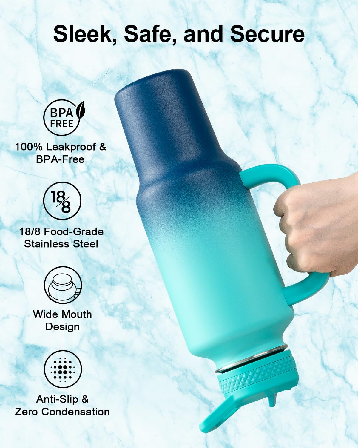 Trebo 40 oz Water Bottle Insulated Fit Car Cup Holder with Handle, Stainless Steel Water Bottles Tumbler with Spout Straw Lids, Double Wall Travel Reusable Flask, Leakproof Mug,Keep Cold &Hot,Black