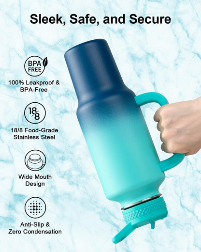 Trebo 40 oz Water Bottle Insulated Fit Car Cup Holder with Handle, Stainless Steel Water Bottles Tumbler with Spout Straw Lids, Double Wall Travel Reusable Flask, Leakproof Mug,Keep Cold &Hot,Black