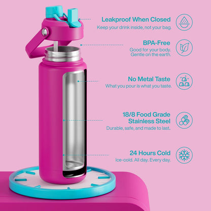 ENCOOL Insulated Water Bottle with Straw Stainless Steel Water Bottle, Leak-Proof, BPA-Free, Double Wall Vacuum Keeps Cold for 24 Hours for Sports, Travel, School (26 oz, Cotton Candy) - Colors C