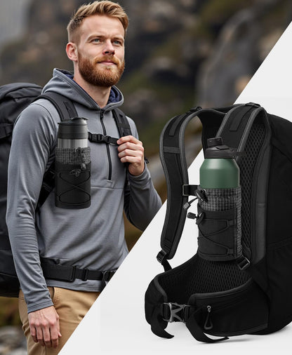 Water Bottle Holder Pouch with Hook Buckle, Backpack Water Bottle Holder Mesh Bag Carrier Fits for 8-24oz Bottles for Hiking, Running, Travel, Outdoor Backpack Accessories & Attachments