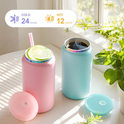 6 Pack Glass Cups with Lids and Straws Unbreakable 16 oz Stainless Steel Can Cup Double Wall Insulated Beer Can Tumbler for Iced Coffee, Juice, Soda, Matte-Colored