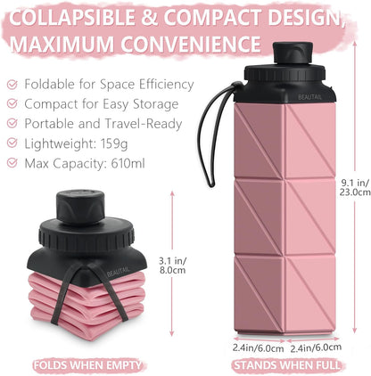 BEAUTAIL Collapsible Water Bottles 20.6oz, Silicone Foldable Portable Travel Water Bottle, Lightweight Reusable Leakproof for Traveling Camping Hiking Cycling Yoga Sports Outdoor