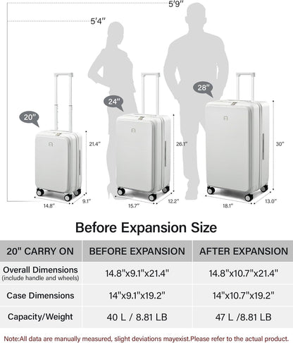 Hanke 20 Inch Expandable Carry On Luggage with Cup Holder 22x14x9 Airline Approved, Top Opening Hard Shell Suitcases with Wheels, Carry-On Travel Suitcase Trunk Luggage with Lock, Smoke White