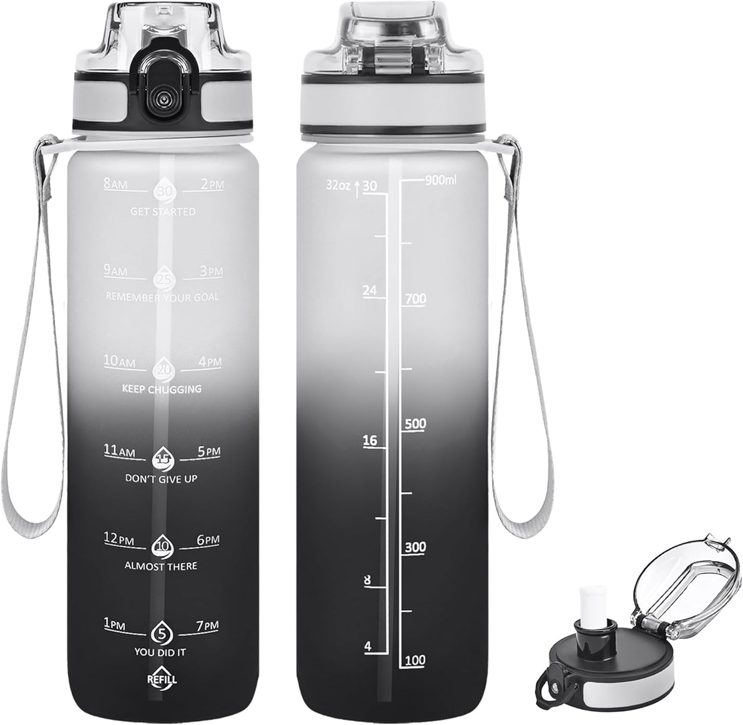 32oz Water Bottle with Time Marker, Motivational Drinking Bottle with Strap, BPA-Free Leak-Proof, Encouraging Water Bottle Time to Drink Water for Gym School Office Travel