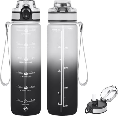 32oz Water Bottle with Time Marker, Motivational Drinking Bottle with Strap, BPA-Free Leak-Proof, Encouraging Water Bottle Time to Drink Water for Gym School Office Travel
