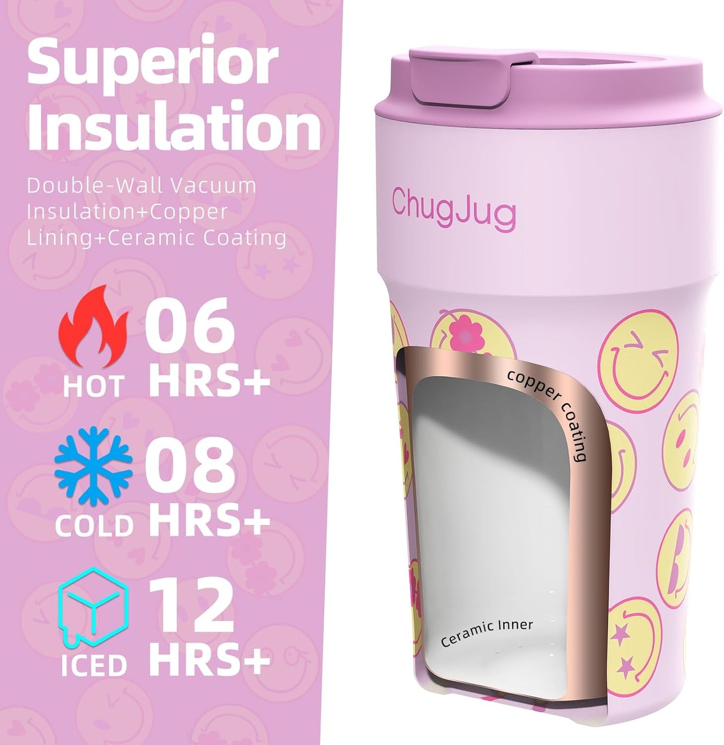 16 oz Travel Coffee Mug with Ceramic Coating, Leak-Proof Vacuum Insulated Coffee Tumbler with Lid, Reusable Double Wall Stainless Steel Travel Cup for Hot& Cold Drinks (Violet Dream)