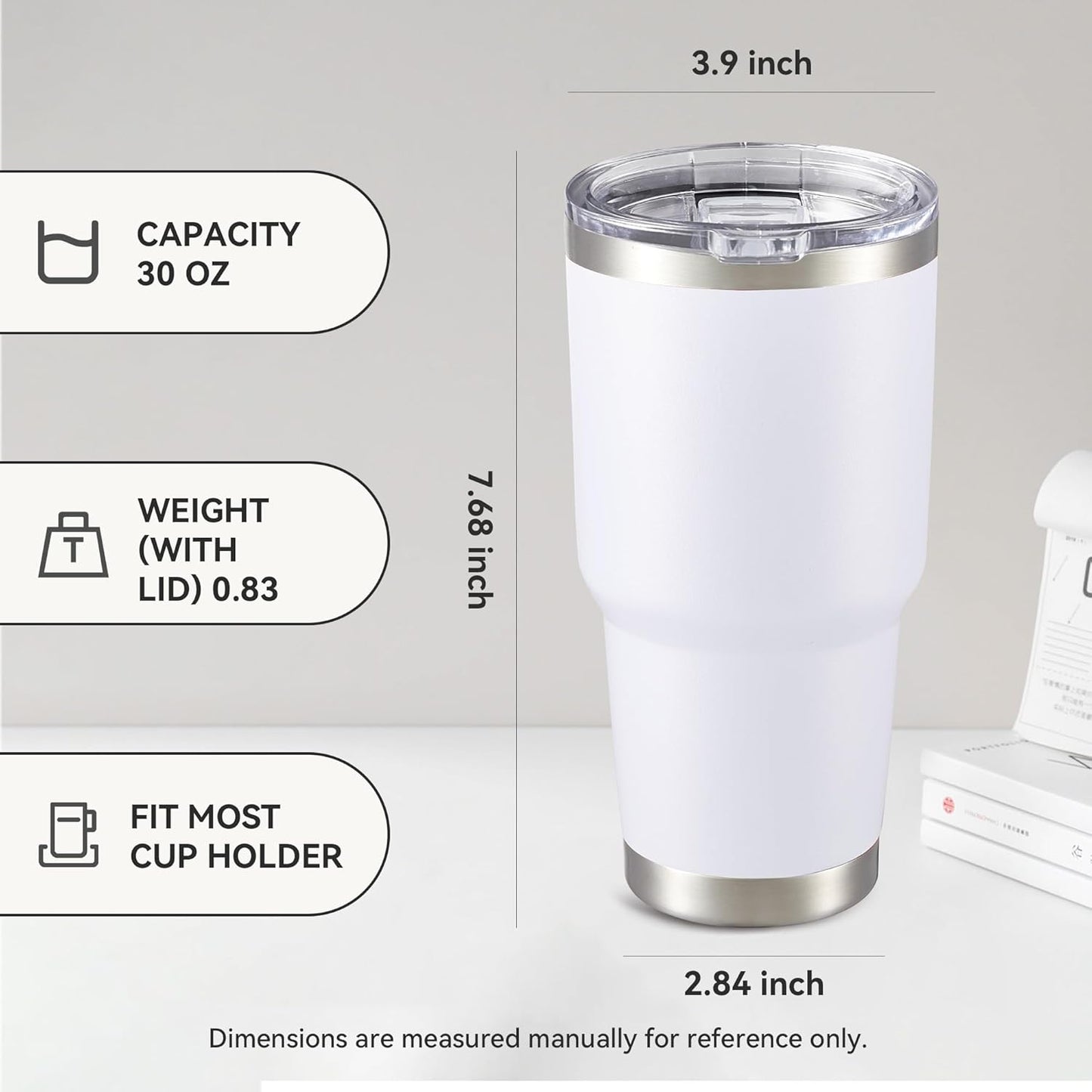 30 oz Tumbler with Lid Stainless Steel Tumblers Vacuum Insulated Cup Reusable Powder Coated Travel Mug Double Wall Leak Proof Portable Cups Keep Cold Drinks for 12 Hours, Stainless, 1 Pack